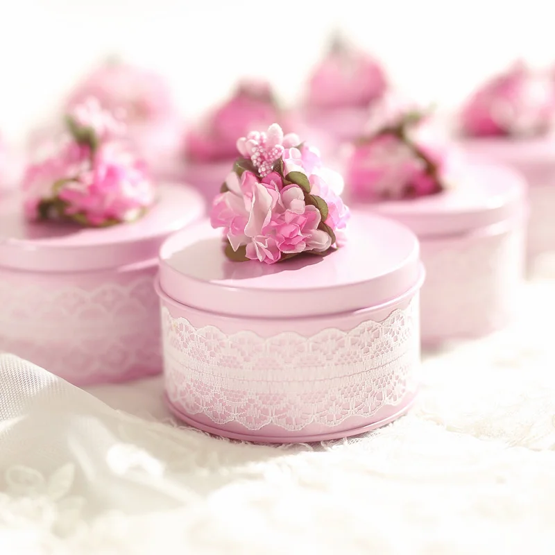 

12pcs/lot Lace Decor Storage Box For Party Supplies Flower Design Wedding Candy Gift Box Tin Round Caddy Metal Favor organizador