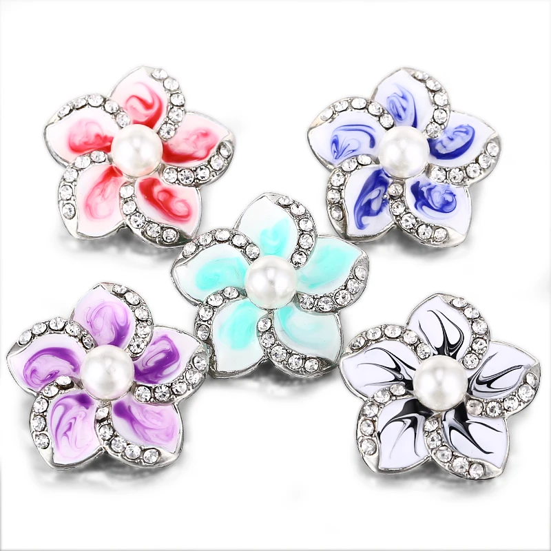 

10pcs/lot Oil Painting Flower Snap Buttons Pearl Center fit 18mm/20mm DIY Snap Bracelet Bangles diy jewelry