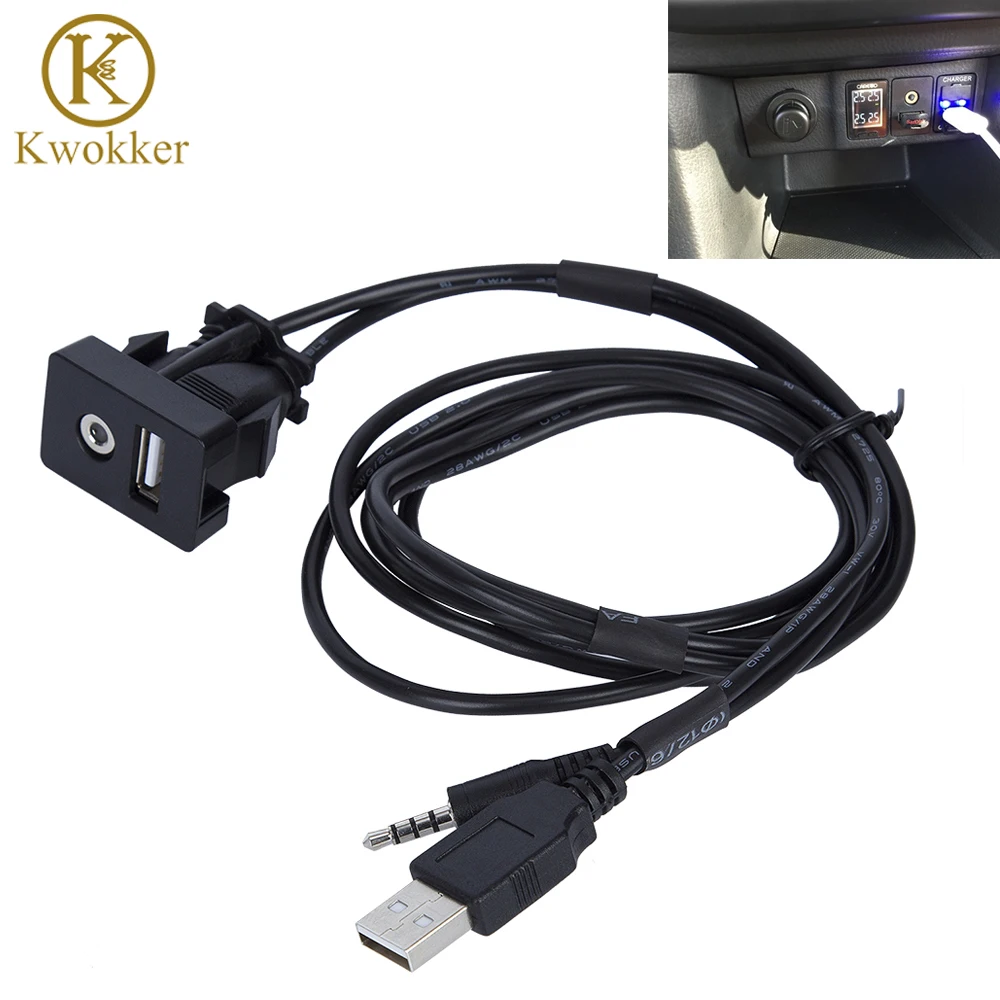Car Dash Flush 3.5mm Audio Socket USB Headphone Jack AUX Extension Cable Panel