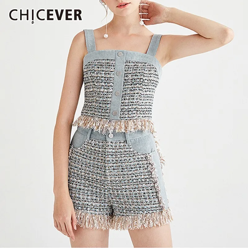 

CHICEVER Summer Tassel Print Women's Two Piece Set Strap Tops Shorts Pockets Button Korean Sets Female Fashion New 2019