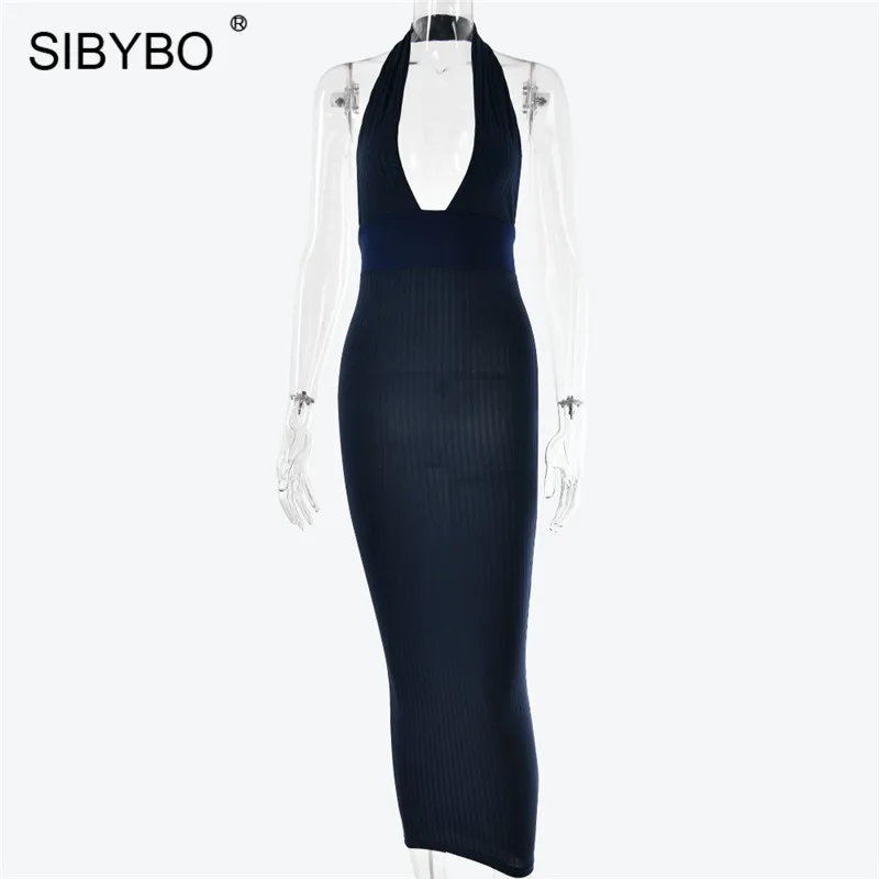 Sibybo летнее женское платье с глубоким v-образным вырезом, без рукавов, с открытой спиной, сексуальное облегающее платье, пляжная одежда, Клубные вечерние женские платья - Цвет: Тёмно-синий