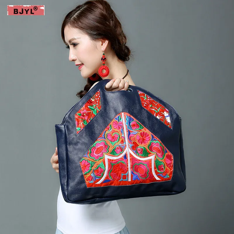 

BJYL new ethnic style original handcuffs Women handbag Genuine leather female handbag large capacity embroidery file package
