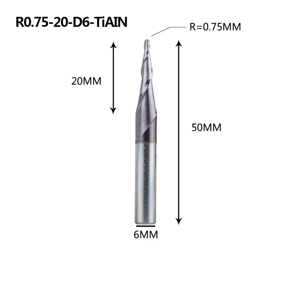 1 шт. Вольфрам твердого карбида с покрытием конус шариковый нос ЧПУ фрезы Фрезы для дерева и фрезы для металла Концевая фреза - Длина режущей кромки: R0.75-20-50-D6