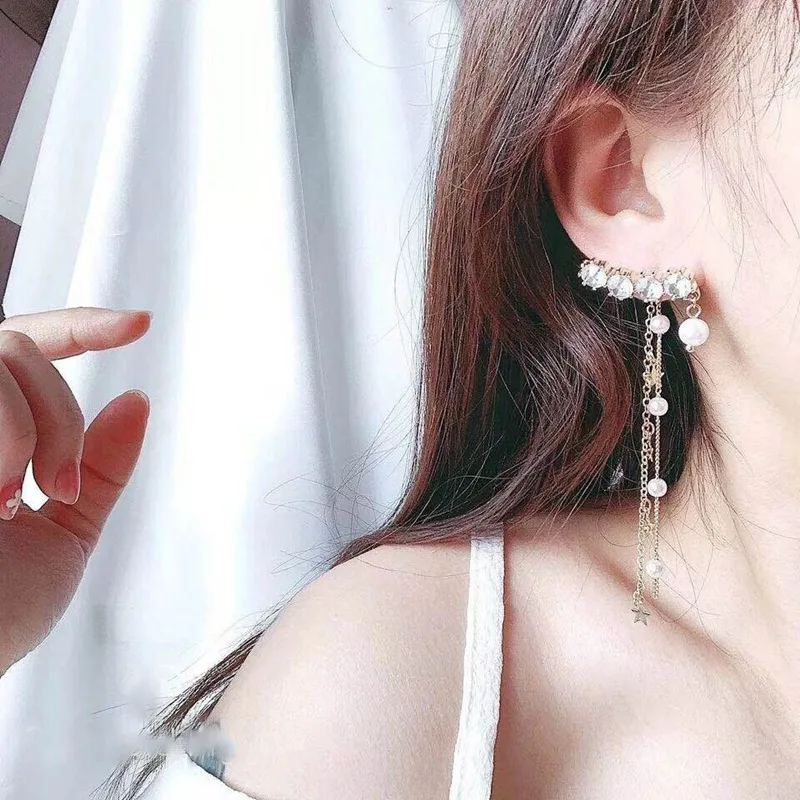 MENGJIQIAO корейский роскошный Циркон Кристалл Крыло жемчуг кисточкой длинные висячие серьги для женщин модные звезды элегантные вечерние Pendientes