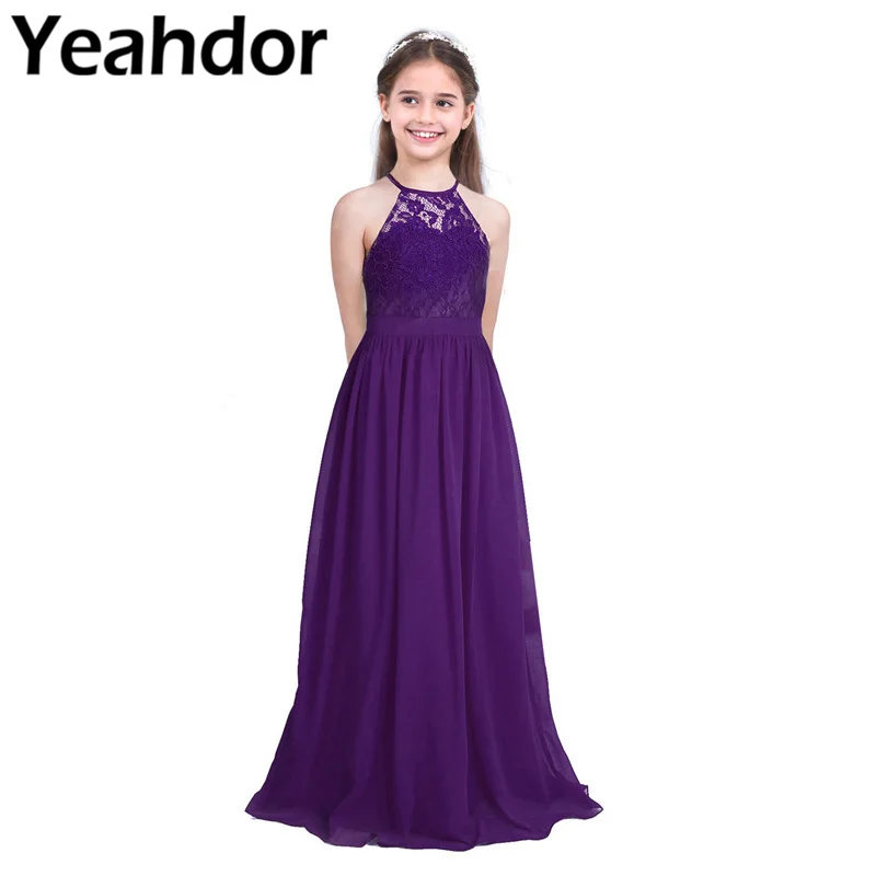 

Girls Lace Chiffon Sleeveless Maxi Long A-Line Halter Flower Girl Dress Hollow Out Princess Pageant Wedding Birthday Party Dress
