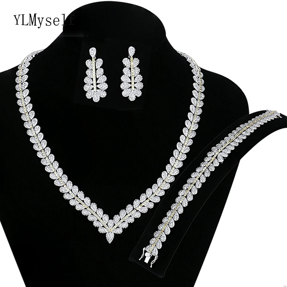 

New Luxurious large 4pcs jewelry sets Leaf design Necklace/Bracelet/earrings/free gift ring big engagement party jewelry set