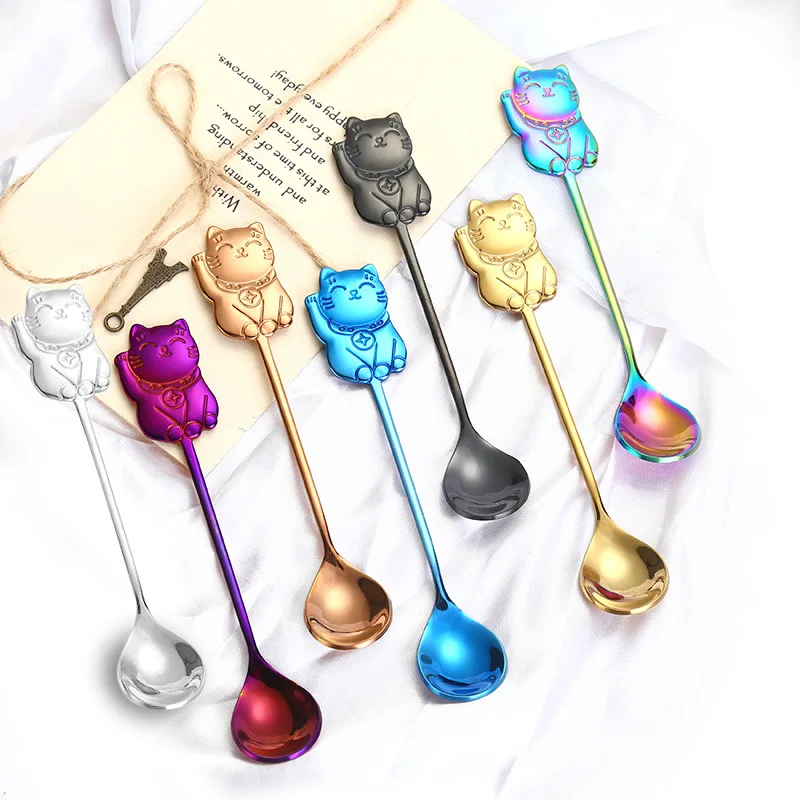 

1PC Stainless Steel Lucky Cat Coffee Spoon Ice Cream Lovely Cat Stirring Dessert Scoop Colorful Tea Spoon Drinkware
