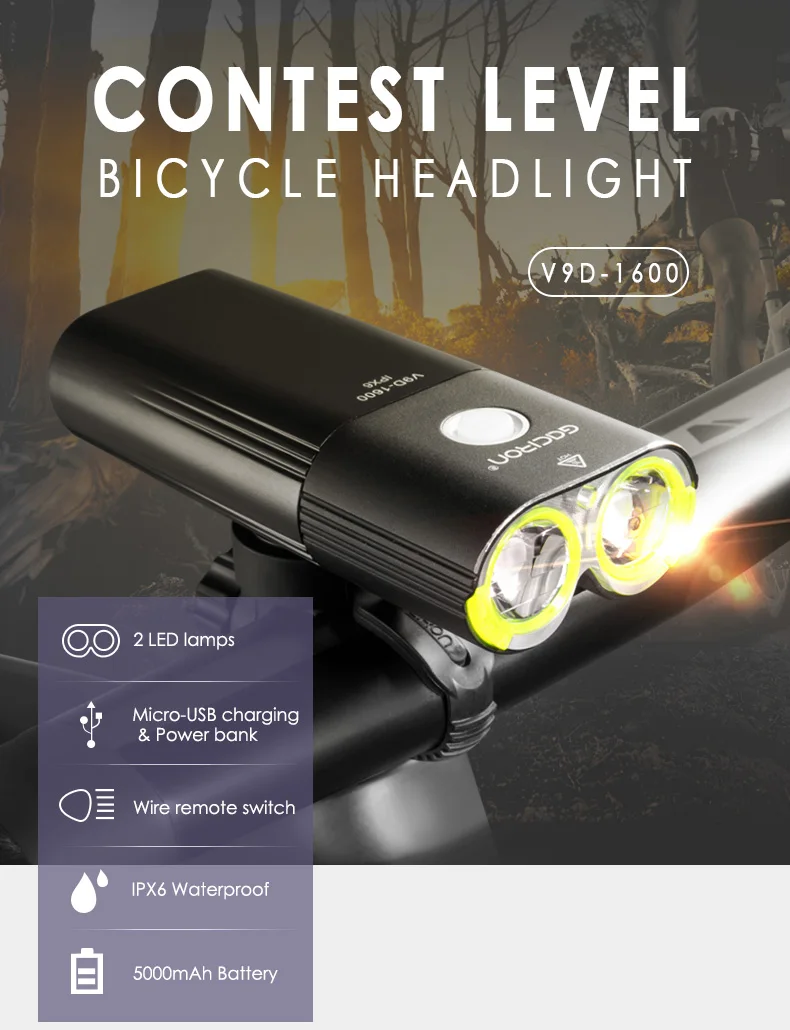 GACIRON 1600 люмен головной светильник велосипедный USB Перезаряжаемый велосипедный светильник IPX6 Водонепроницаемый передний светильник велосипедный фонарь на руль 5000 мАч