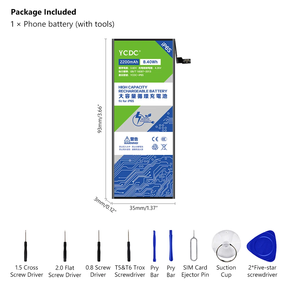 YCDC Real capacity for Apple iPhone 6S 6GS iphone Battery 2200mAh Rechargeable Lithium Polymer Phone Bateria Batteries Free Tool