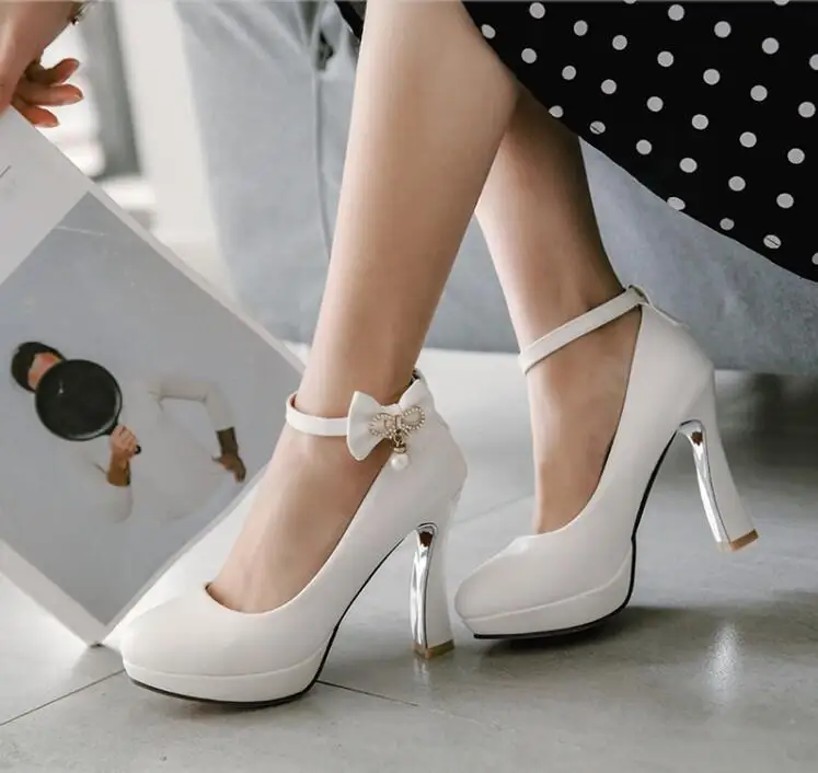 Новые весенне-осенние туфли на высоком каблуке с узором обувь принцессы с бантом и пряжкой Женская обувь черного и белого цвета с круглым носком, большие размеры 35-43