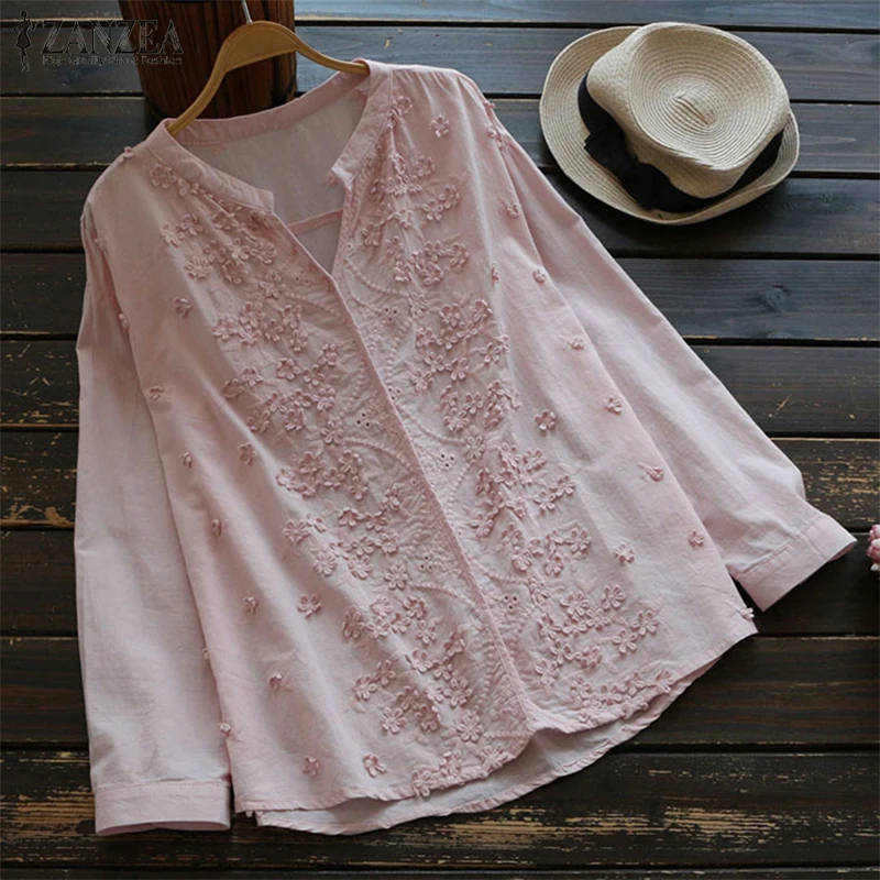 

2019 Autumn ZANZEA Women V Neck Long Sleeve Blouse Solid Loose Embroidery Flower Elegant Work Shirt Loose Blusa Cotton Linen Top