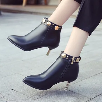 

Metal Decorated New European & American Style High Heel Women's Boots Pointed Toe Soft Leather plus Velvet Warm Martin Boots