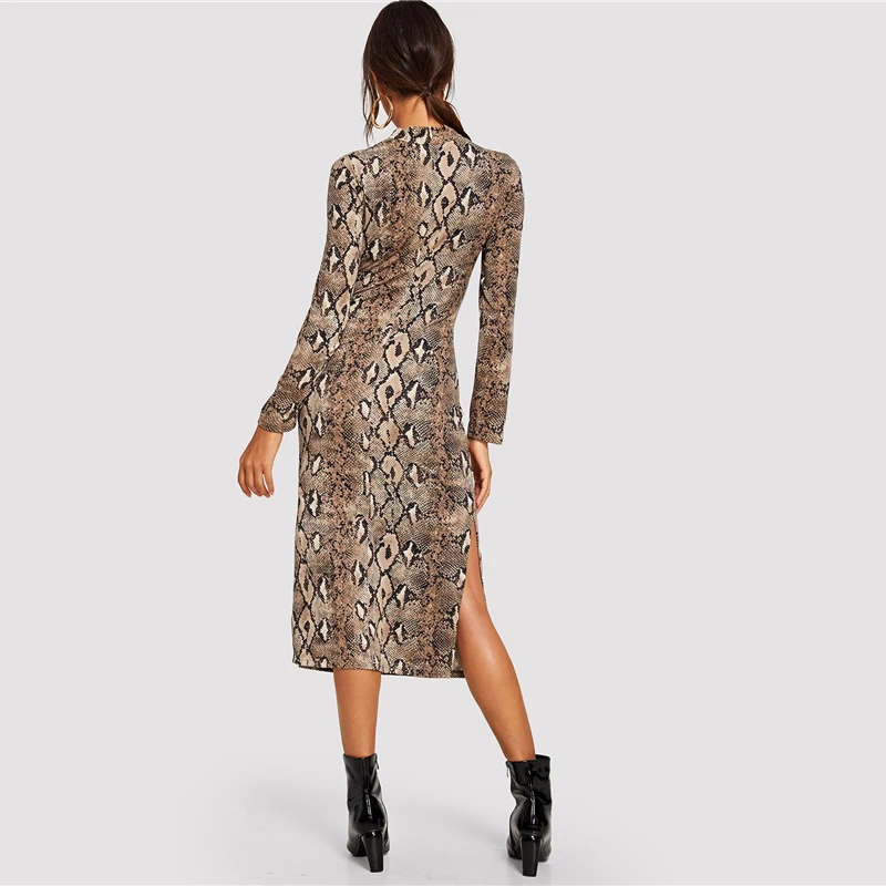 Mock Neck Snake Print Split Long Sleeve Bodycon Midi Dress