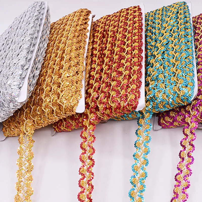 

YACKALASI Sequined Lace Trims S Wave Striped 12 Yds Crochet Braided Band Cosplay Costumes Appliqued Sewing Apparel Ribbon 2.5CM