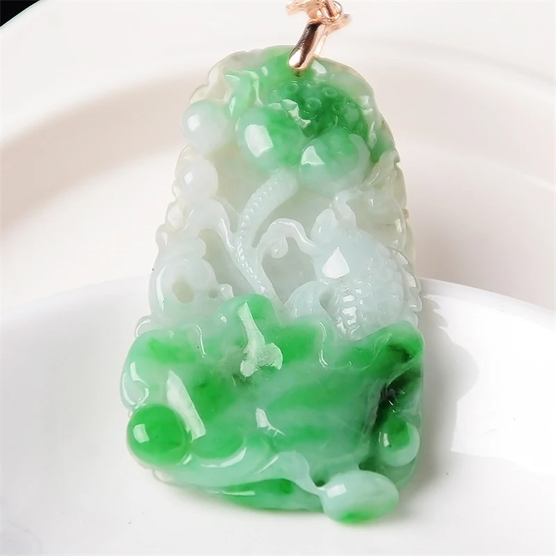 

Fine jewelry Myanmar natural jade Yang green Lotus leaf fish pendant Necklace fish pendant necklace With lanyard And certificate