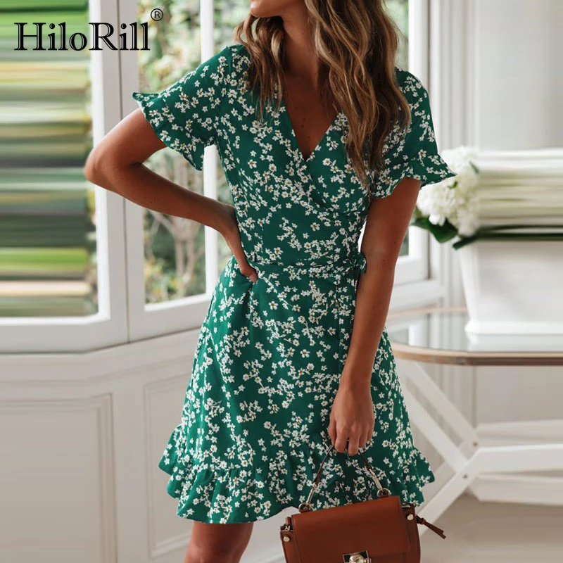 

Bohemian Women Summer Dresses Boho Floral Print Casual Beach Dress Sexy V-Neck Wrap Bodycon Mini Dress Elegant Ruffles Sundress