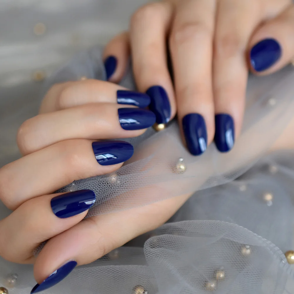 УФ-гель маленькие овальные искусственные ногти бриллиантовый синий глянцевый чехол для полировки дизайн ногтей Искусственные наконечники с Gluetabs 24 шт