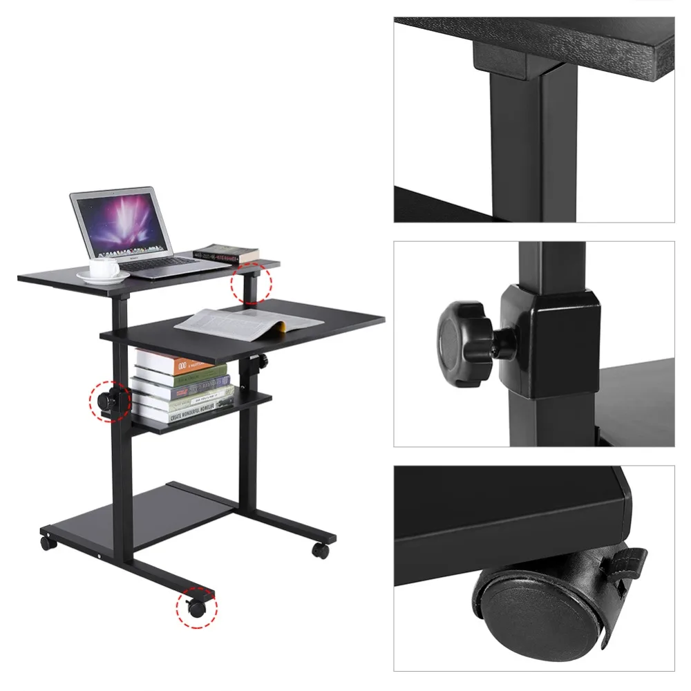 Wood Mobile Computer Work Station Desk Adjustable Height Rolling