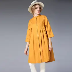 2019 Большие размеры Женская хлопковая Свободная блузка три четверти рукава Весна плиссированный дизайн Женская длинная рубашка