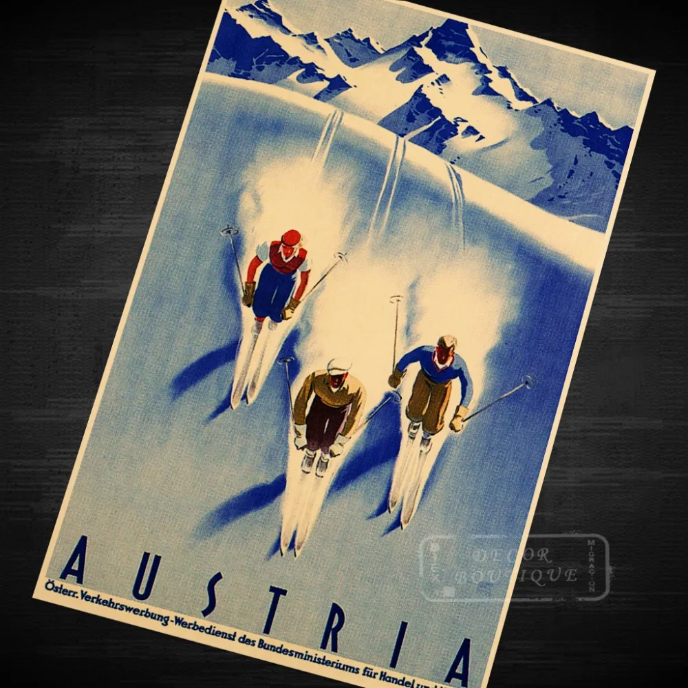 

Skiing in Austria Ski Vintage Retro Kraft Travel Poster Canvas DIY Wall Sticker Home Bar Art Posters Decoration Kids Gift