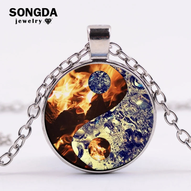 

SONGDA Punk Water & Fire Yin Yang Tai Chi Long Necklace Chinese Taoism Sign Ancient Eight Diagrams Glass Cabochon Badge Jewelry