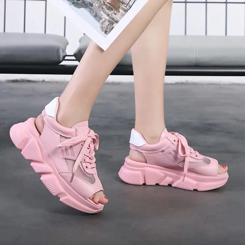 

Fashion Women pink Sandals Platform Wedges Women Shoes Thick Heel Lace Up Sandals peep toe Sandals Summer Style Slide Shoes