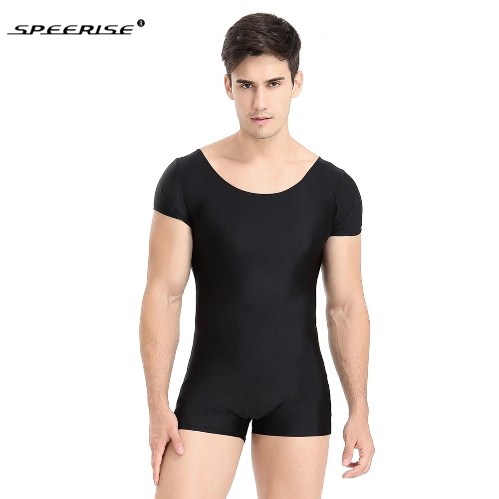 

SPEERISE Men One Piece Basic Unitard Adult Ballet Short Sleeve Scoop Neck Stretch ballet Unitards Gymnastics Bodysuit Dancewear