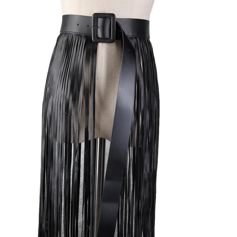 2019 Long tassel Boho Fringe wide belt ladies personality leather black belt women All Matching Wai