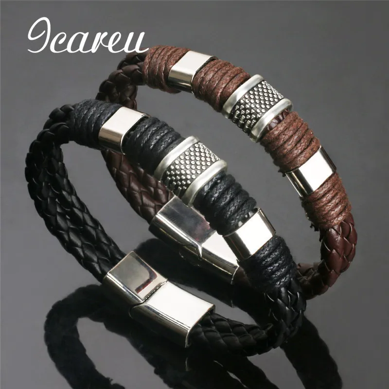 

New Simple Metal Leather Bracelets For Man Wrap Bracelet Wristband Braided Bracelet For Male Gift