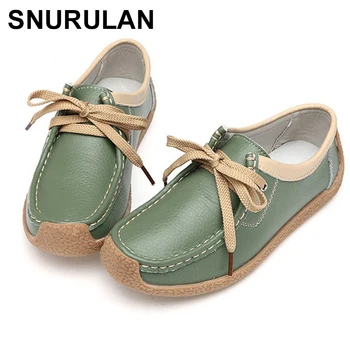 

SNURULAN Women's Genuine Leather Flats Thick Bottom Mother Shoes Young Lady Tendon Soft Bottom Non-slip Casual Bean ShoesE601