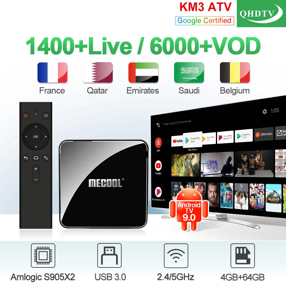 

KM3 French Arabic IPTV France Netherlands Android TV Google Certified 4G+64G BT USB3.0 Dual-Band WIFI IPTV France Arabic Belgium