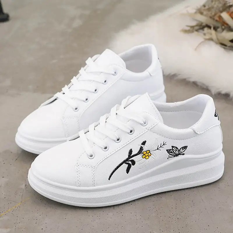 

Women Sneakers Vulcanized Embroider Shoes Zapatos De Mujer Pu leather Platform Lace up Casual White Tenis Feminino BX38