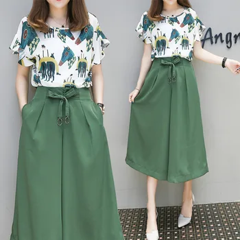 

New Summer Women Sets Plus Size Fashion O-Neck Print Short Sleeve Shirts + Wide Leg Pants Sets For Women Larger Two-Piece Suits