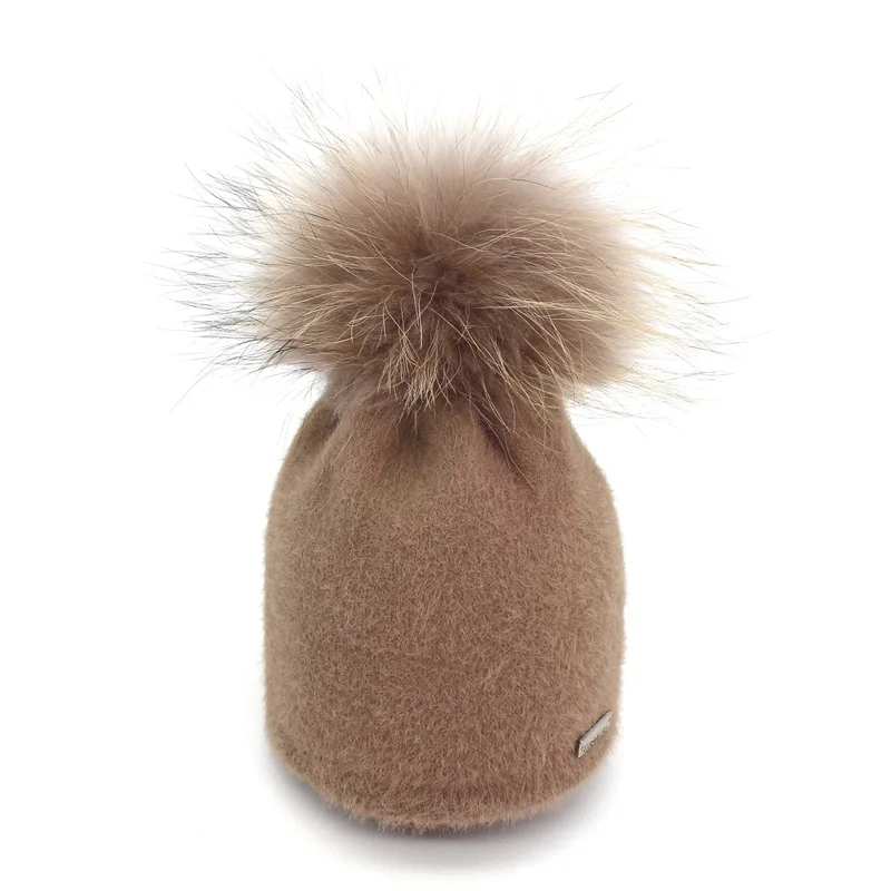 Ditpossible натуральный мех енота шапка с помпоном для девочек зимние теплые толстые шапки Скалли шляпу женские шапки - Цвет: coffee