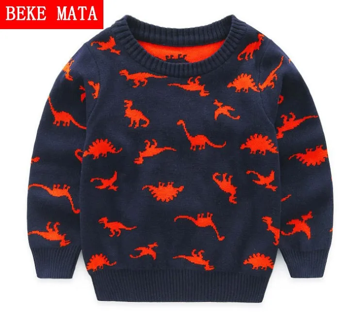 BEKE MATA/вязаный свитер для маленьких мальчиков; Повседневная Весенняя коллекция года; теплые хлопковые свитера с рисунком динозавра для мальчиков; пуловеры для детей