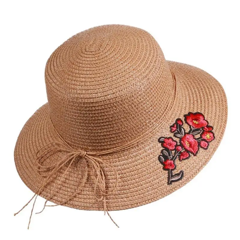 Women Beach Hat Summer Vintage Women Flowers Embroidery Straw Sun Panama Hats Wide Brim Beach