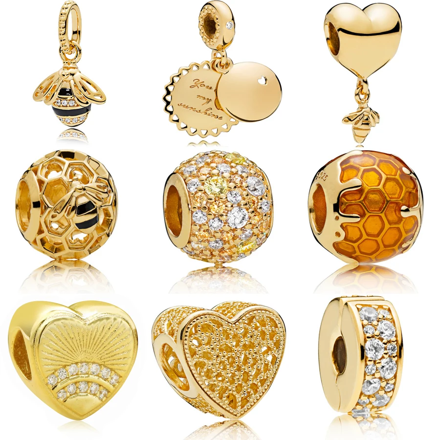 

Real 925 Silver charm pendants Golden Bee&Honey Sunshine Necklace Pendant Charm Fit Original pandora Bracelet Bead DIY Jewelry