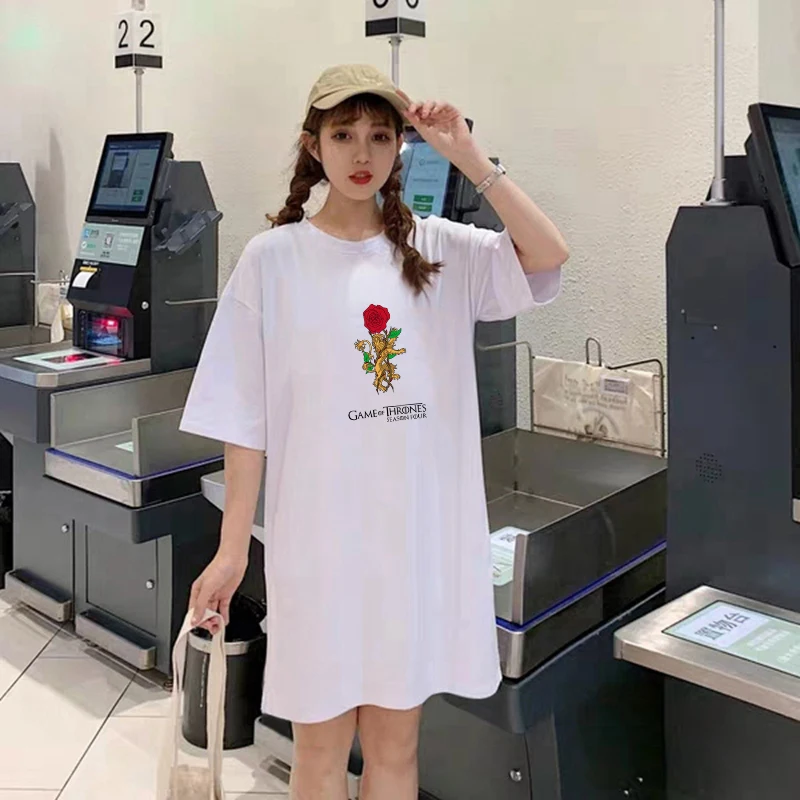 

Ladies Dresses Summer Game of Thrones Rose Lion Print Beach Dress Short Sleeve White Cotton Mini Robe Femme Casual Korean Tshirt