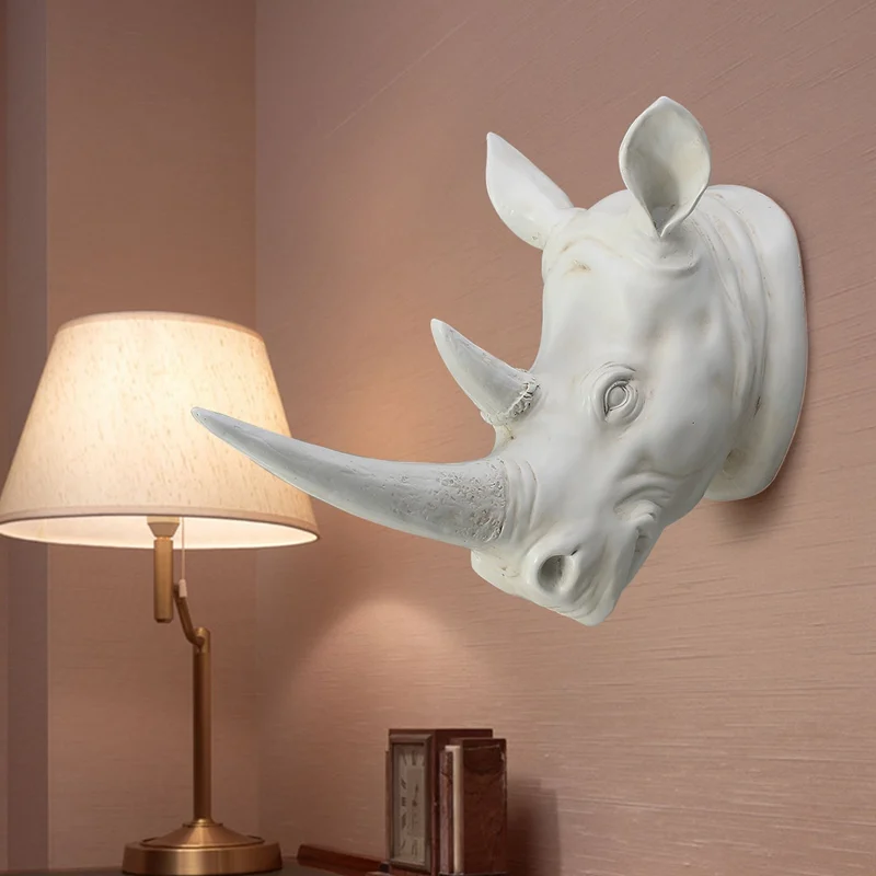 

Best Promotion Resin Exotic Rhinoceros Head Ornament White Animal Statues Crafts for Home Hotel Wall Hanging Decoration Gift
