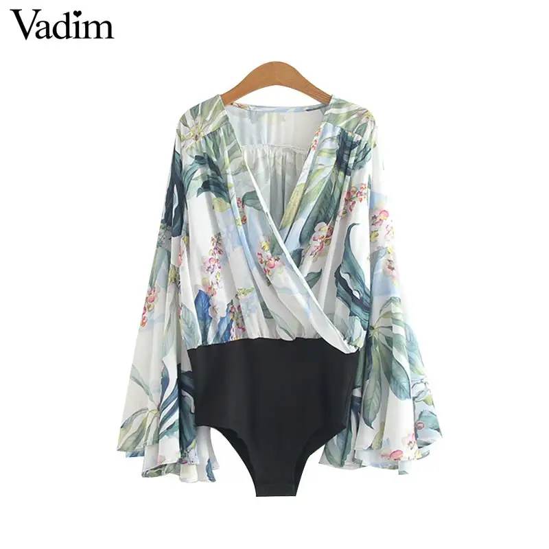 

Vadim women cross V neck floral print bodysuits elastic waist long flare sleeve pleated playsuits female casual chic tops KA486