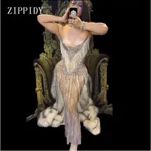 Модные Кристаллы платье с кисточками для ночного клуба Камни шеи длинное платье костюм женский Выпускной День рождения, празднование платья наряд