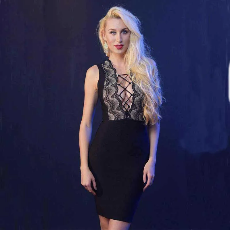 

wholesale New dress multiple Colour Deep V-neck Lace Stretch tight Mini Casual sexy Cocktail party bandage dress (H1472)