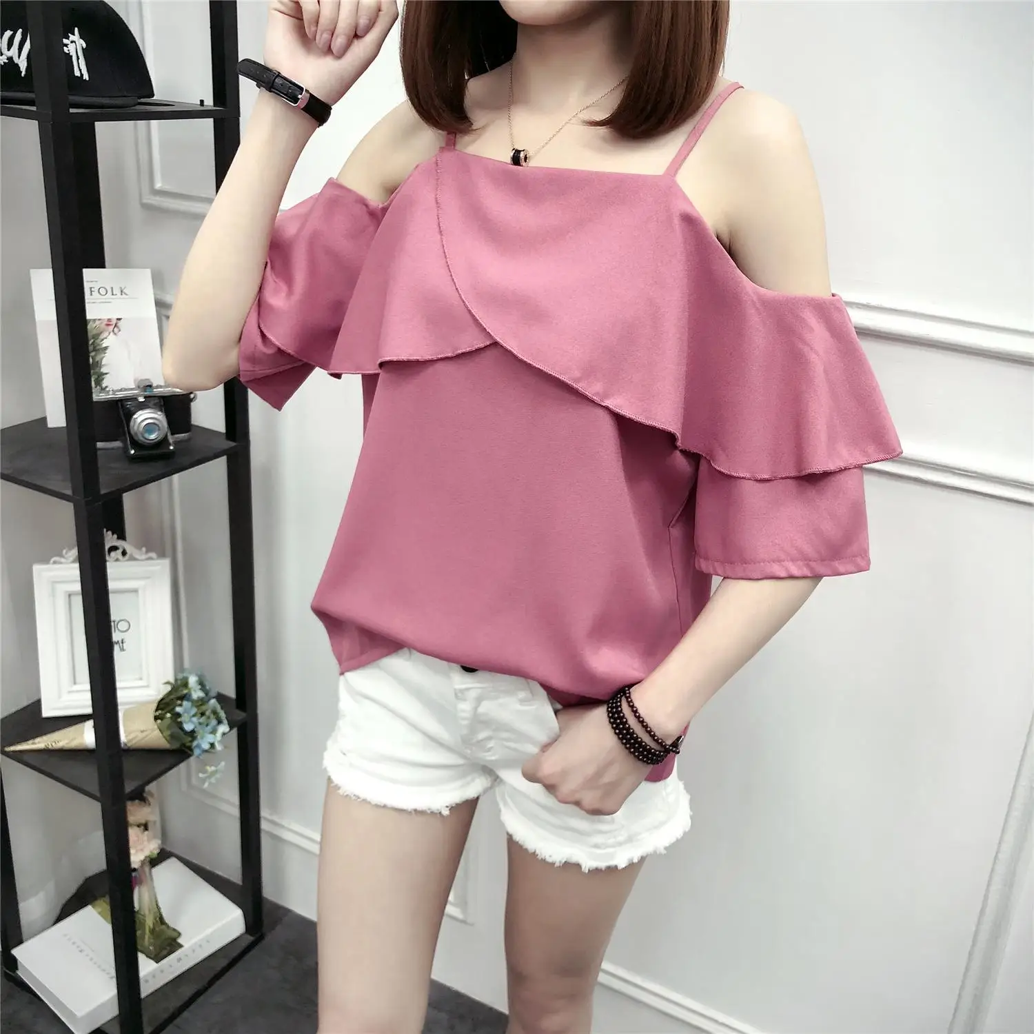 

Sling ruffled off-shoulder top women shirts kawaii tshirt