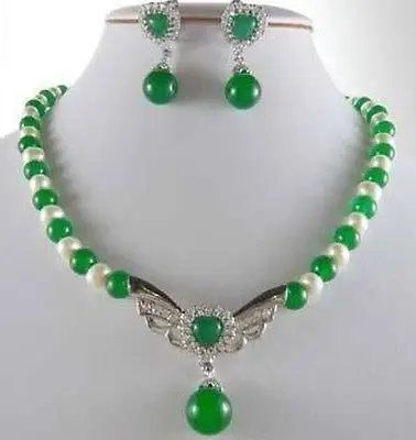 

7-8mm Natural White Akoya Pearl&Green Jade Necklace earrings Set 18" AAA 18K GP Plated gold Bridal wide watch wings queen JEWE (