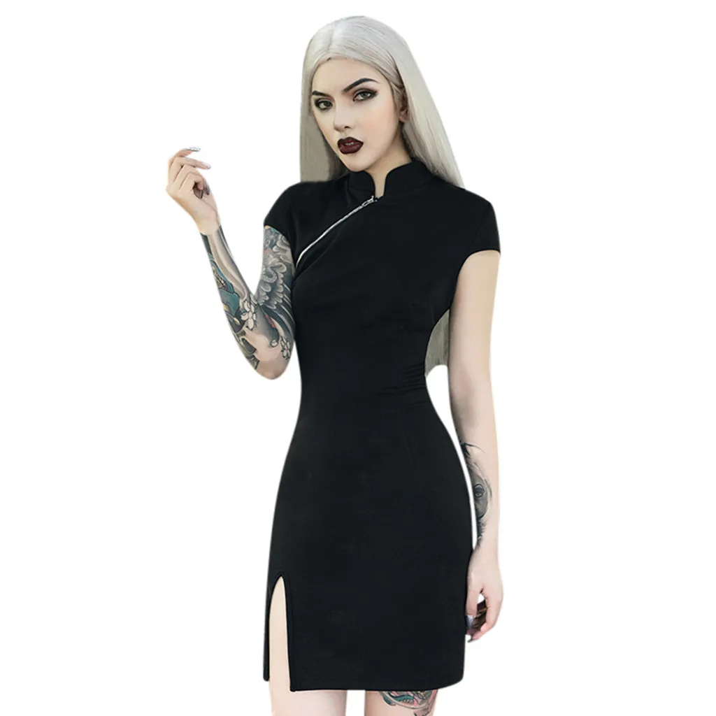 

Summer Dress Women Gothic Punk Chinese Cheongsam Zipper Slim Dress Vintage Split Dress Vestidos Robe Femme D723