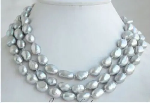 

Miss charm Jew1866 baroque 11-13mm tahitian silver gray pearl necklace 40inch soild gold clasp AAA