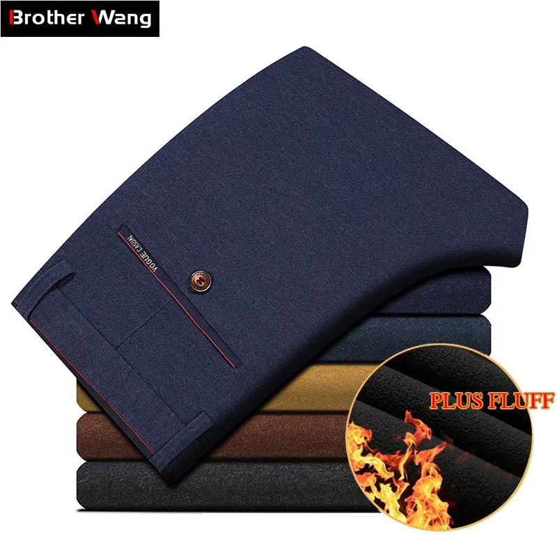 

2019 Winter New Men Warm Casual Pants Business Casual Elasticity Slim Thick Plus Velvet Trousers Male Brand Clothes Khaki Navy