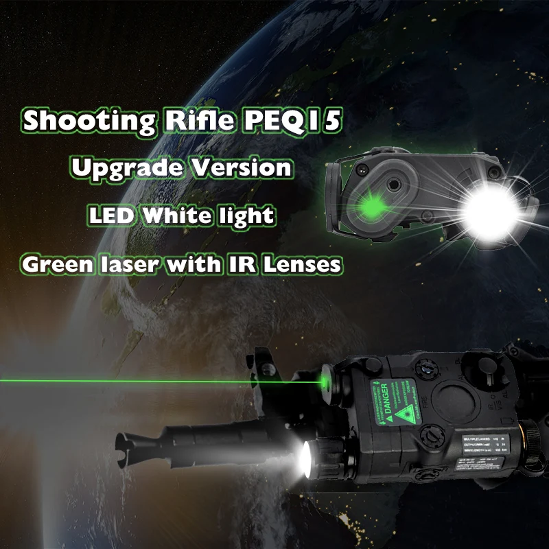 

Hunting Shooting Airsoft Gun Green Laser Led White Light with IR Lenses PEQ-15 Upgrade Version Battery Case or 20mm Gun Rail