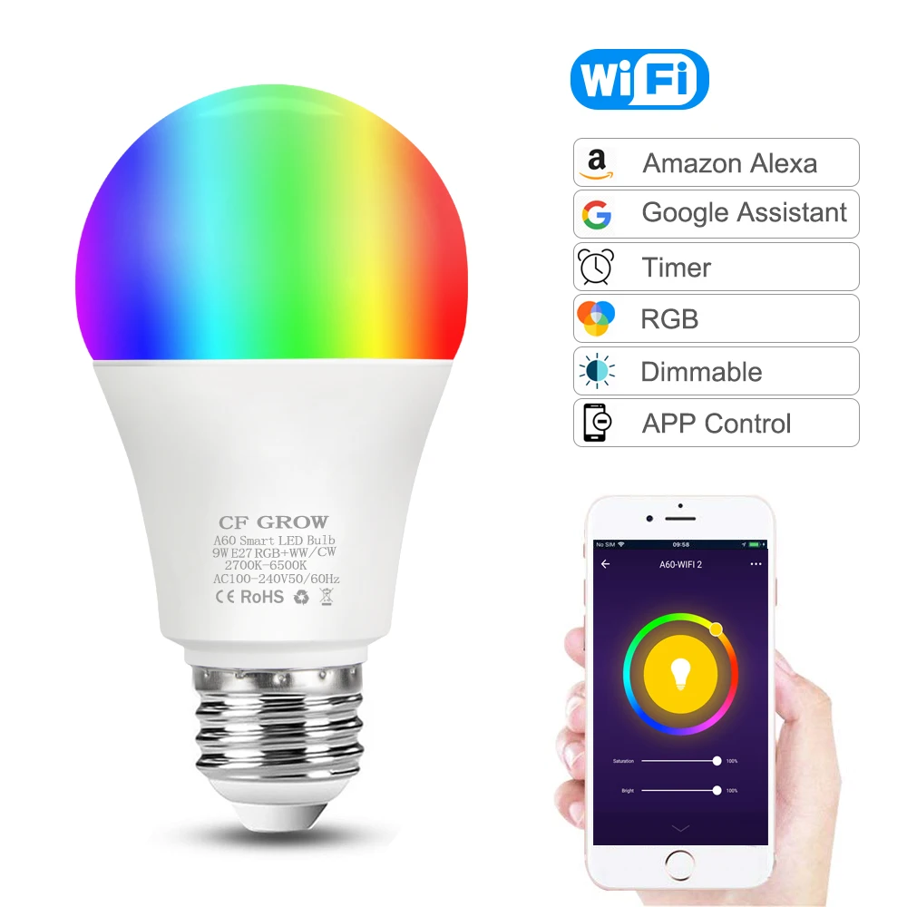 Интеллектуальная беспроводная(Wi-Fi) светильник лампа 9 Вт 10 Вт 12 Вт E27 A60 RGB волшебная лампа светильник Wake Up светильник Совместимость дома прихожей светильник ing 220V