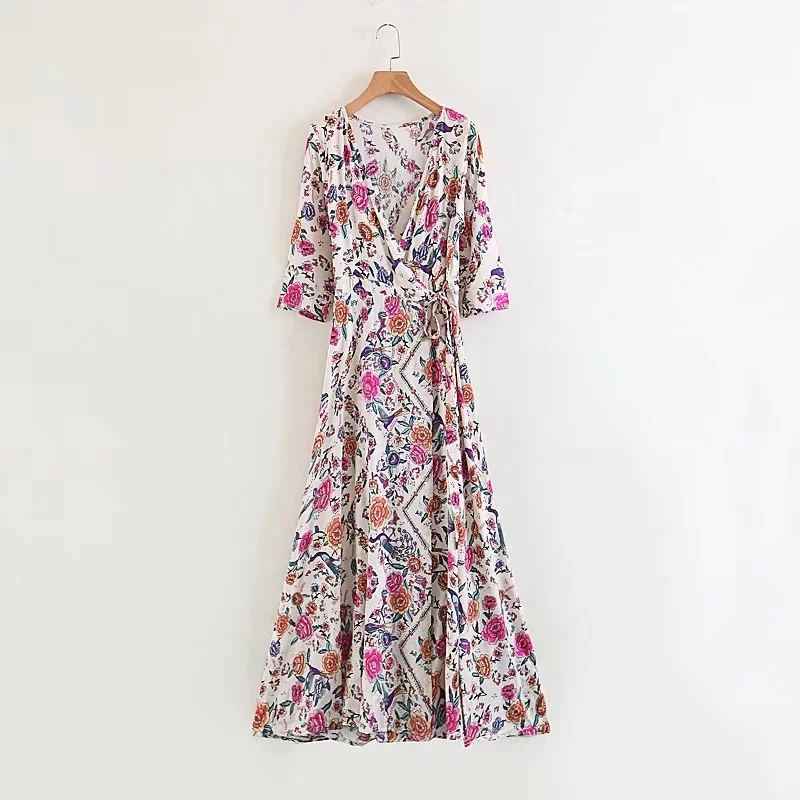 

fashion Holiday wind Floral printing V-Neck cross Kimono dress Casual big swing dresses vestidos Womens Clothing LD1311